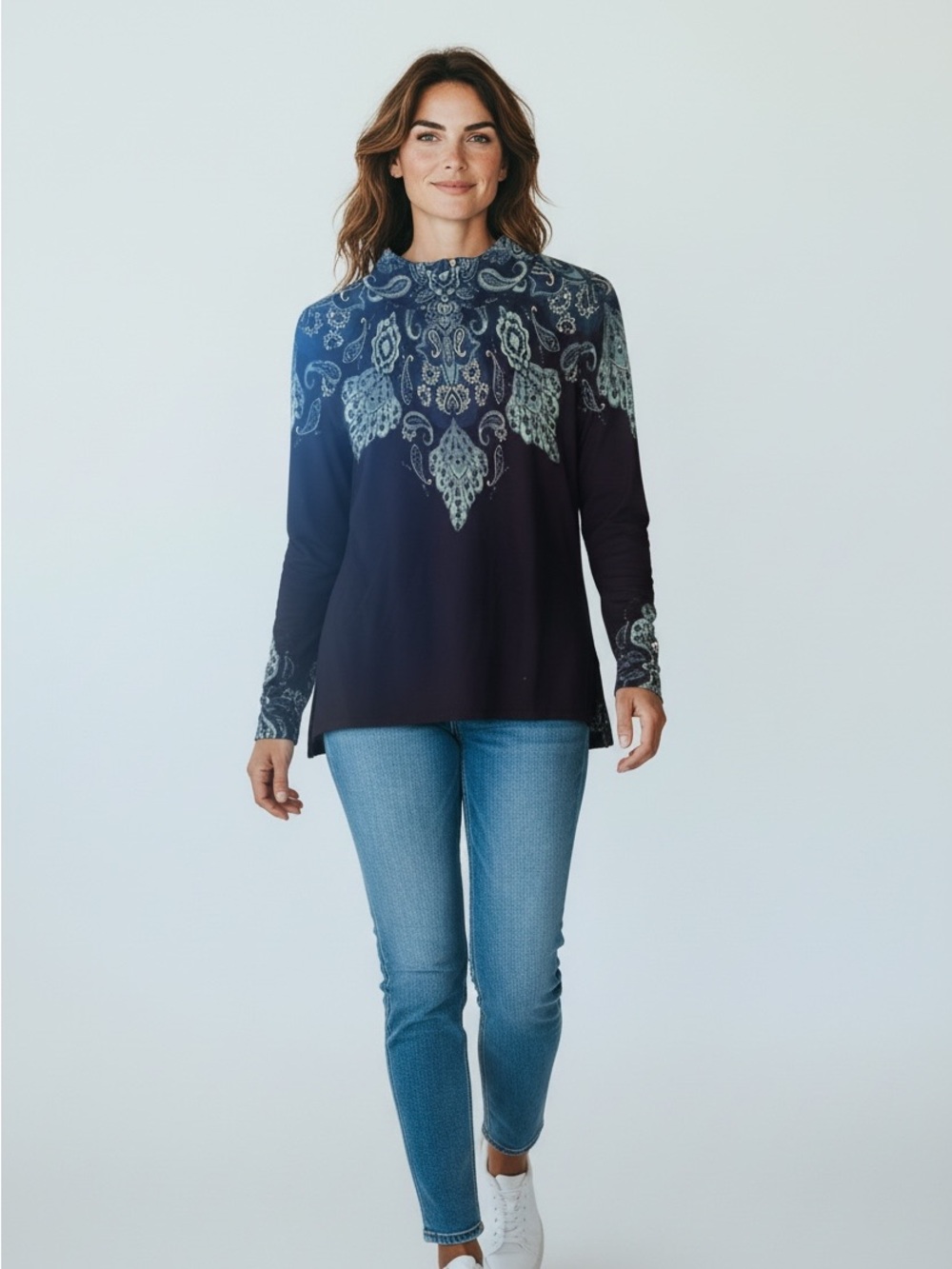 Chico's Paisley Mock Neck Fine Knit Pullover Sweater Sz 2 (Lge) Black Turquoise